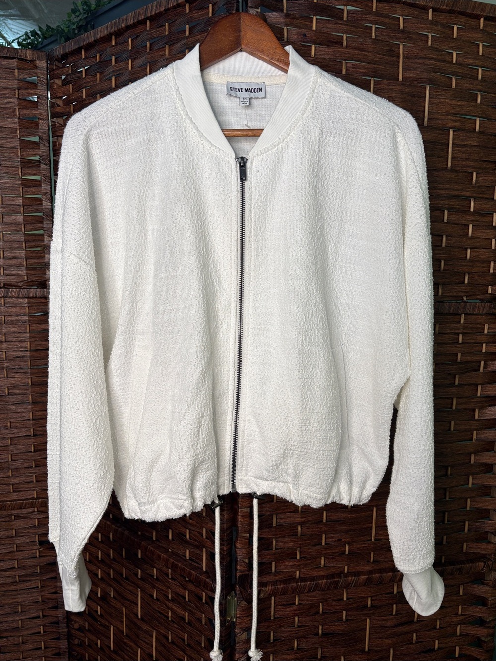 Steve Madden Cream Textured Zip-Front Bomber Jacket - Picture 1 of 4